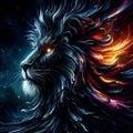 The essence of dark fantasy athmosphere, with optical illusion of a lion motion, its eyes emitting a mystical, otherwordly glow