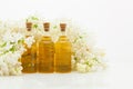 Essence of flowers on White background in beautiful glass jar Royalty Free Stock Photo