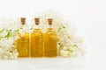 Essence of flowers on White background in beautiful glass jar Royalty Free Stock Photo