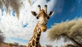 A majestic giraffe staring intently with its head held high in Africa generative AI Royalty Free Stock Photo