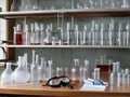 Essence of laboratory safety. Lab goggles, lab coats, and gloves arranged neatly on a laboratory bench. AI Generated