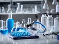 Essence of laboratory safety. Lab goggles, lab coats, and gloves arranged neatly on a laboratory bench. AI Generated