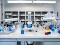 Essence of laboratory safety. Lab goggles, lab coats, and gloves arranged neatly on a laboratory bench. AI Generated