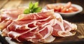 The Essence of Savory - Slices of cured ham on a wooden table. Generative AI Royalty Free Stock Photo