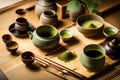 The essence of a traditional Japanese tea ceremony, featuring the meticulous preparation of matcha tea, exquisite pottery, and