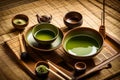 The essence of a traditional Japanese tea ceremony, featuring the meticulous preparation of matcha tea, exquisite pottery, and