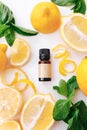 Essential aroma oil with lemon and mint leaves on white background. Top view Royalty Free Stock Photo