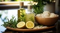 Natural Aromatherapy Oils with Lemon and Bath Salts on Wooden Tray.Generative ai Royalty Free Stock Photo