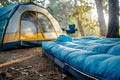 Essential camping gear tent mattress and pillow for a cozy outdoor sleep. Concept Camping