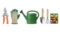 Essential Gardening Tools Composition on White Background, Preparing for Planting Season Royalty Free Stock Photo
