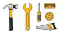 Essential Hand Tools and Caution Sign Vector Set Royalty Free Stock Photo