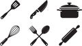 Kitchen Utensils Set Spatula Knife Pot Whisk Spoon Fork and Rolling Pin in Black Silhouette Royalty Free Stock Photo
