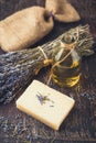 Lavender oil, herbal soap and bath salt Royalty Free Stock Photo