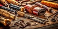 Essential Leatherworking Tools A Comprehensive Collection of Precision Awls Mallets Stitching Needles and More for Royalty Free Stock Photo