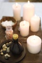 Essential massage oil salt and candles at spa Royalty Free Stock Photo