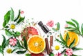 Essential oil for beauty skin. Flat lay beauty ingredients on a light background, top view. Beauty healthy lifestyle concept Royalty Free Stock Photo