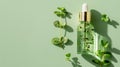 Essential oil. Botanical extract in a dropper bottle with green leaves around. Concept of herbal essence, natural Royalty Free Stock Photo