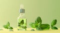 Essential oil. Botanical extract in dropper bottle with green leaves around. Green background. Concept of essence Royalty Free Stock Photo