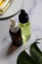 Essential oil bottle with fresh herbs. Massage oil for face and body. Relaxation