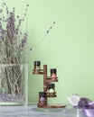 Essential oil bottles for composing various perfume fragrances on natural ingredients. Eco-friendly lavender aromatherapy