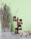 Essential oil bottles for composing various perfume fragrances on natural ingredients. Eco-friendly lavender aromatherapy