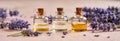 Panoramic header of bottles of essential oil with fresh lavender flowers Royalty Free Stock Photo