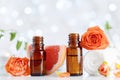 Essential oil bottles with towel, grapefruit and rose flowers on white table. Spa, aromatherapy, wellness, beauty background. Royalty Free Stock Photo