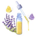 Essential oil, bouquet lavender. Blue glass bottle pipette. Yellow purple butterfly. Hand drawn watercolor illustration Royalty Free Stock Photo
