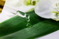 Essential oil drop falling on green leaf from glass dropper