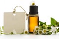 Essential oil, empty tags and chamomile Royalty Free Stock Photo