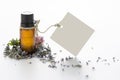 Essential oil, empty tags and lavender flowers