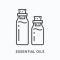 Essential oil flat line icon. Vector outline illustration of two glass bottle. Black thin linear pictogram for liquid Royalty Free Stock Photo