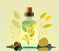 Essential oil in a glass bottle with a cork and green leaves on the background created with Generative AI technology