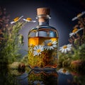 Essential oil in a glass bottle with fresh chamomile, generative AI