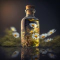 Essential oil in a glass bottle with fresh chamomile, generative AI