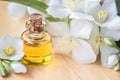 Essential oil in glass bottle with fresh jasmine flowers, beauty treatment. Spa concept Selective focus. Fragrant oil of jasmine f Royalty Free Stock Photo