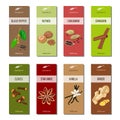 Essential oil labels collection. Nutmeg, cardamom, star anise, Cloves, cinnamon, ginger, vanilla, black pepper