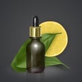 Essential oil with lemon, Vitamin C, realistic 3d illustration. Hydration serum with lemon extract. Perfect for advertising, flyer