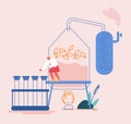 Essential Oil Making Concept. Woman Perfumer Character Put Ingredients to Distiller Equipment for Distillations Royalty Free Stock Photo