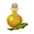Essential Oil of Neem Plant Poured in Corked Glass Bottle with Leaf Rested Nearby Vector Illustration