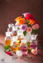 Essential oil and rose flowers aromatherapy spa perfumery Royalty Free Stock Photo