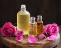 Essential oil and rose flowers aromatherapy spa perfumery Royalty Free Stock Photo