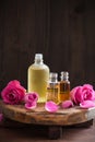 Essential oil and rose flowers aromatherapy spa perfumery