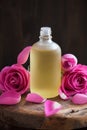 Essential oil and rose flowers aromatherapy spa perfumery Royalty Free Stock Photo