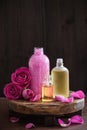 Essential oil and rose flowers aromatherapy spa perfumery Royalty Free Stock Photo