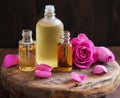 Essential oil and rose flowers aromatherapy spa perfumery Royalty Free Stock Photo