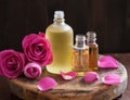 Essential oil and rose flowers aromatherapy spa perfumery Royalty Free Stock Photo