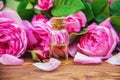 Essential oil of rose on a light background.