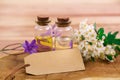 Flower essential oil with tag Royalty Free Stock Photo