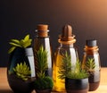 Essential oil in small glass bottles with green plants in flowerpots.created with Generative AI technology